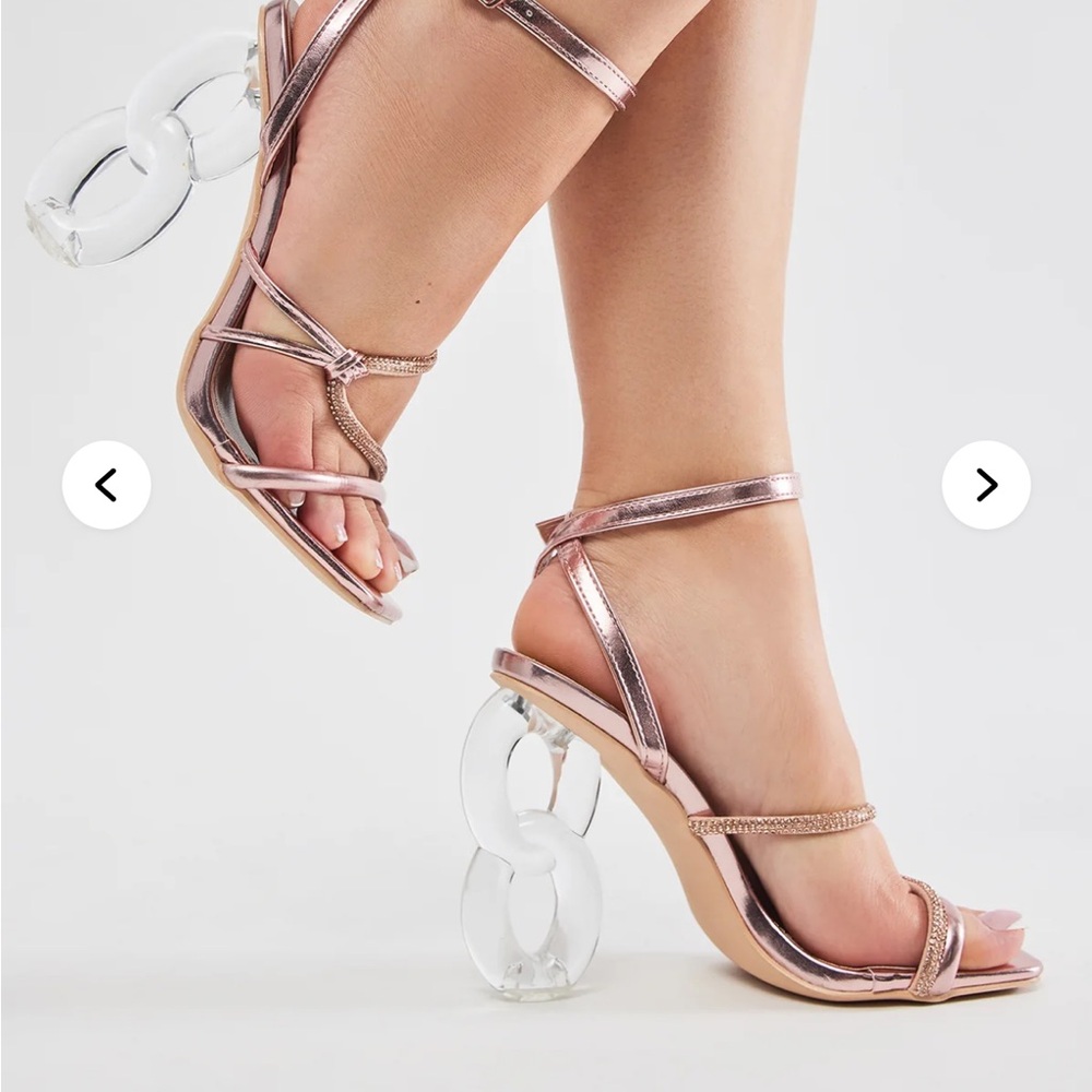 Fashion Nova Metallic Rose Gold Heels with Clear Chain Design